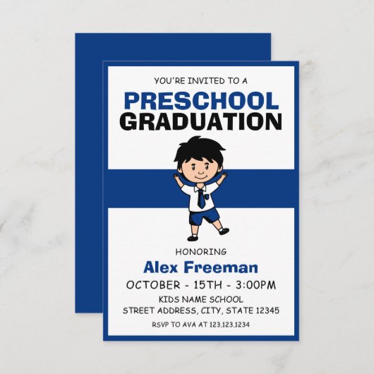 可愛いブルー&ホワイトボーイキッズプリスクール卒業 招待状 (正面/裏面)