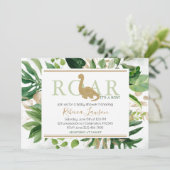 可愛いブロントサウルス恐竜の赤ちゃんシャワー緑金ゴールド 招待状 (スタンド正面)