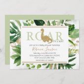 可愛いブロントサウルス恐竜の赤ちゃんシャワー緑金ゴールド 招待状 (正面/裏面)