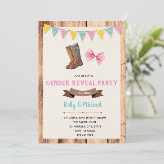 可愛いブーツまたは弓ジェンダーが招待を明らかにする 招待状 (スタンド正面)