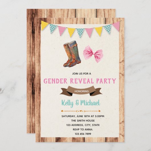 可愛いブーツまたは弓ジェンダーが招待を明らかにする 招待状 (正面/裏面)