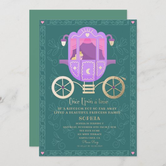 可愛いプリンセスカーフェアユータリーバースデーパーティー 招待状 (正面/裏面)