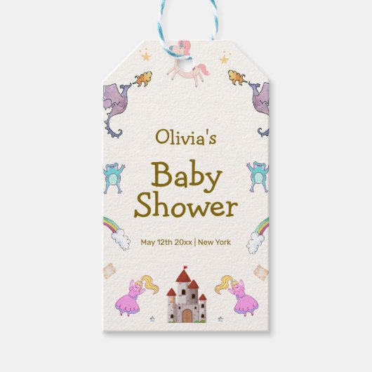 可愛いプリンセスドラゴンユニコーンベビーシャワー ギフトタグ (正面)