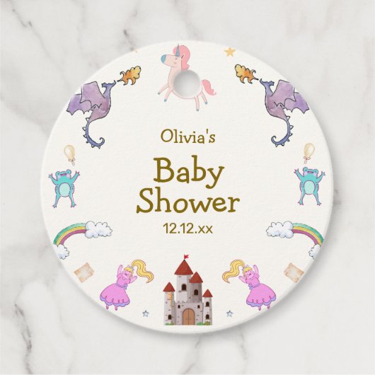 可愛いプリンセスドラゴンユニコーンベビーシャワー フェイバータグ (正面)
