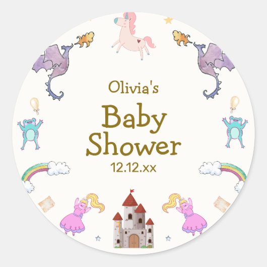 可愛いプリンセスドラゴンユニコーンベビーシャワー ラウンドシール (正面)