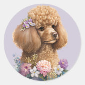 可愛いプードルドッグフローラ紫ガーリー水色 ラウンドシール (正面)