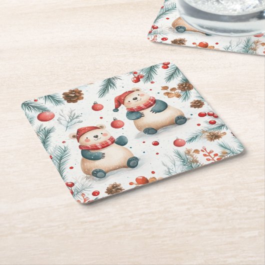 可愛いベアーズパインとオーナメント赤いメリークリスマス スクエアペーパーコースター (アングル)