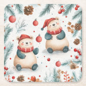 可愛いベアーズパインとオーナメント赤いメリークリスマス スクエアペーパーコースター (正面)