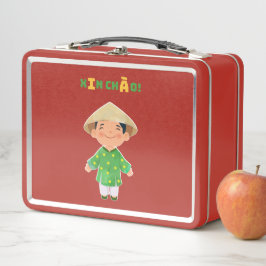 可愛いベトナム人"シンチャオ!" 赤い弁当 メタルランチボックス