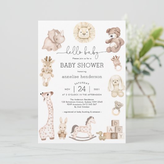 可愛いベビーおもちゃプルシエ男女兼用ベビーシャワー 招待状 (スタンド正面)