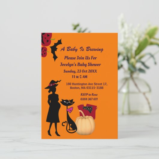 可愛いベビーがブルーイング魔女カボチャ猫の赤ちゃんシャワー 招待状 (スタンド正面)