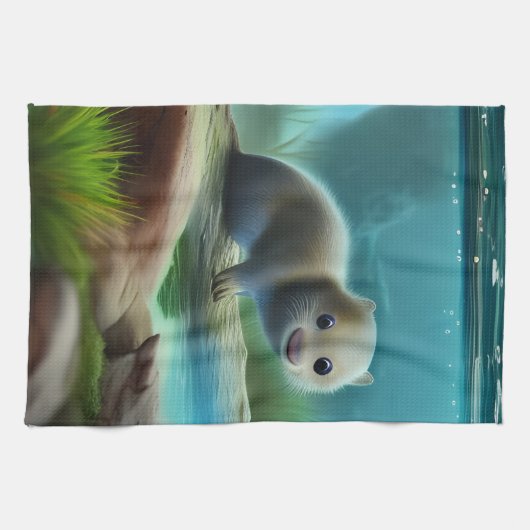 可愛いベビーのカワウソ – キッチンタオル (横)