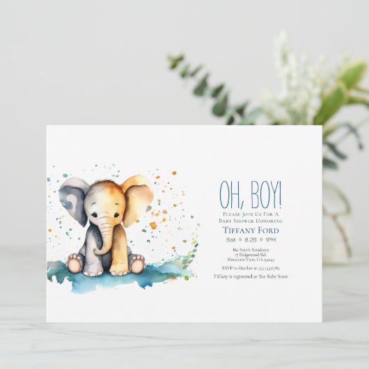可愛いベビーエレファントサファリをテーマにした男の子の赤ちゃんシャワー 招待状 (スタンド正面)