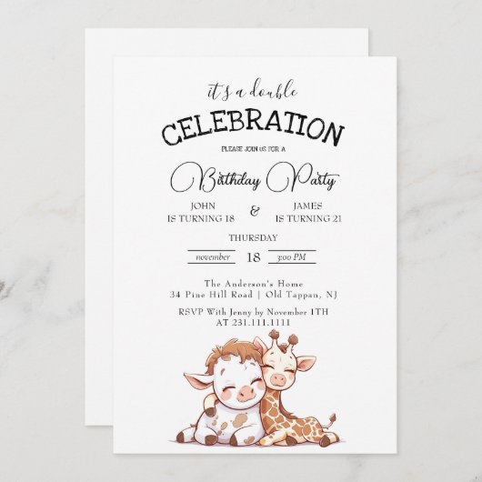 可愛いベビーカウアンドキリン両誕生日パーティー 招待状 (正面/裏面)