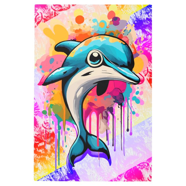可愛いベビーカラフルドルフィ絵を描ー メタルプリント (正面)