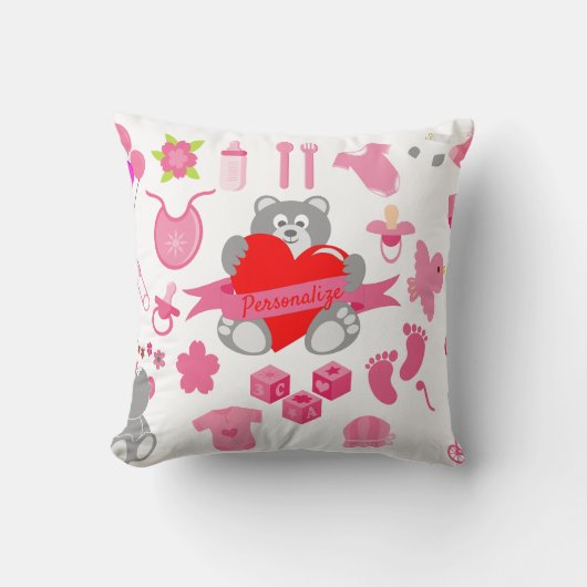 可愛いベビーガーリーピンクテディベアパーソナライズされた クッション (正面)