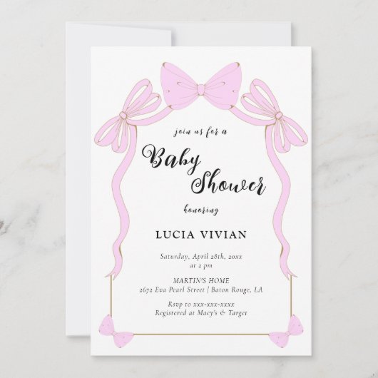 可愛いベビーガールピンクコケットバーブベビーシャワー 招待状 (正面)