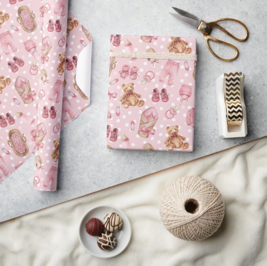 可愛いベビーガール赤ちゃんシャワーteddyベアーベアーズウェア ラッピングペーパー (クラフト)