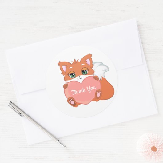 可愛いベビーキツネとハートありがとうクラシックラウンドS ラウンドシール (封筒)