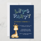 可愛いベビーキリン海軍ブルー1歳 招待状 (正面)