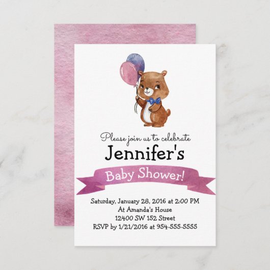 可愛いベビークマ赤ちゃんシャワーパーティの招待状 招待状 (正面/裏面)