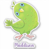 可愛いベビーグリーンインコ漫画イラストレーション シール (正面)