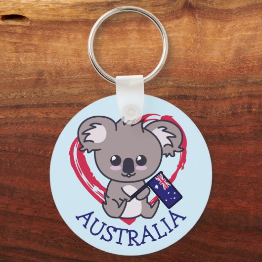 可愛いベビーコアラがオーストラリア国旗とハートを掲げている キーホルダー (正面)