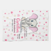 可愛いベビーゾウとピンクの耳ガール誕生統計 キッチンタオル (横)