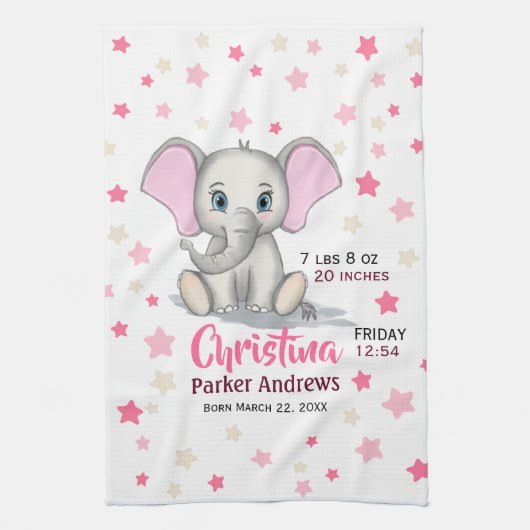 可愛いベビーゾウとピンクの耳ガール誕生統計 キッチンタオル (縦)