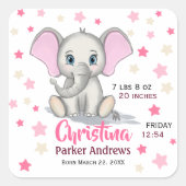 可愛いベビーゾウとピンクの耳ガール誕生統計 スクエアシール (正面)