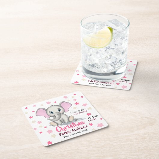 可愛いベビーゾウとピンクの耳ガール誕生統計 スクエアペーパーコースター (インサイチュ)