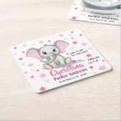 可愛いベビーゾウとピンクの耳ガール誕生統計 スクエアペーパーコースター (アングル)