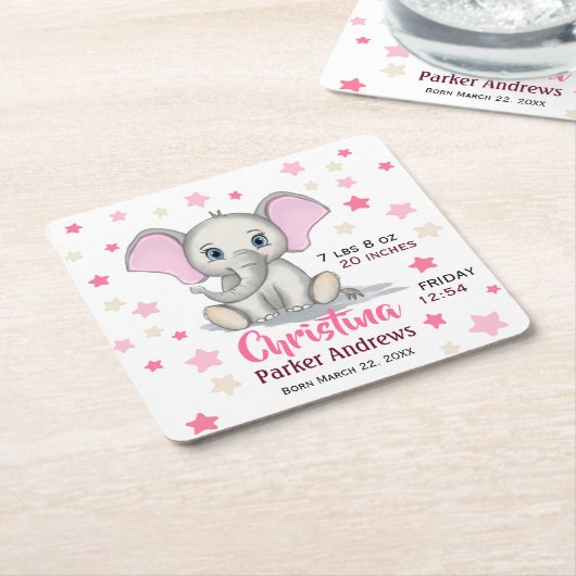 可愛いベビーゾウとピンクの耳ガール誕生統計 スクエアペーパーコースター (アングル)