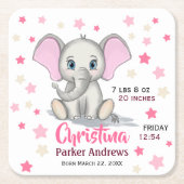 可愛いベビーゾウとピンクの耳ガール誕生統計 スクエアペーパーコースター (正面)