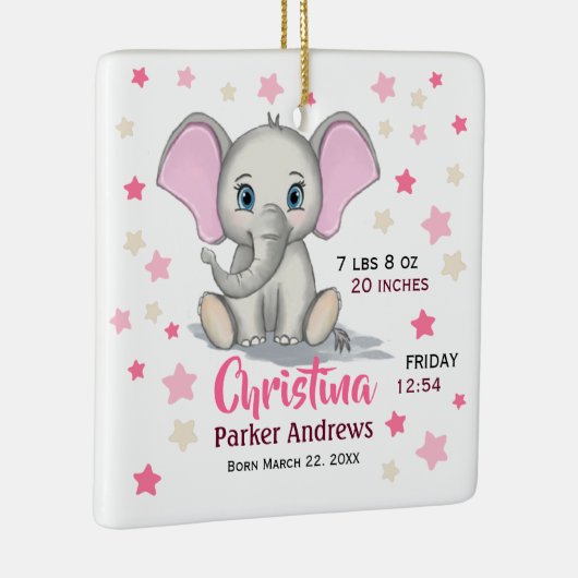 可愛いベビーゾウとピンクの耳ガール誕生統計 セラミックオーナメント (右)