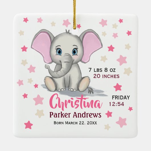 可愛いベビーゾウとピンクの耳ガール誕生統計 セラミックオーナメント (裏面)