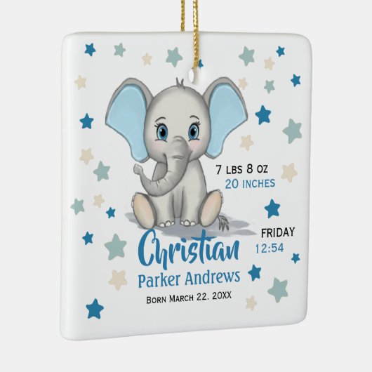可愛いベビーゾウとブルーイヤーズ少年誕生統計 セラミックオーナメント (右)