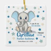 可愛いベビーゾウとブルーイヤーズ少年誕生統計 セラミックオーナメント (正面)
