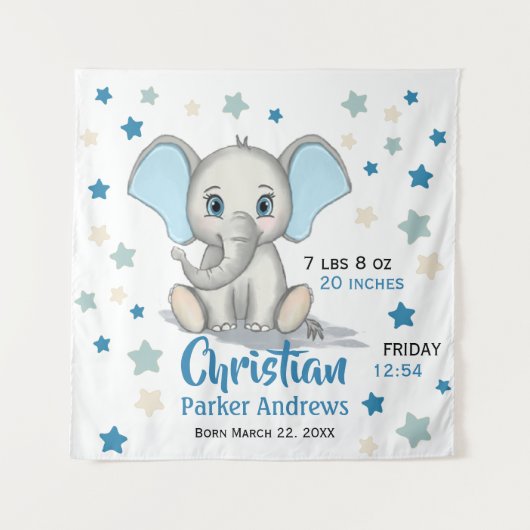 可愛いベビーゾウとブルーイヤーズ少年誕生統計 タペストリー (正面)