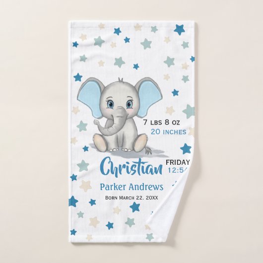 可愛いベビーゾウとブルーイヤーズ少年誕生統計 バスタオルセット (ハンドタオル)