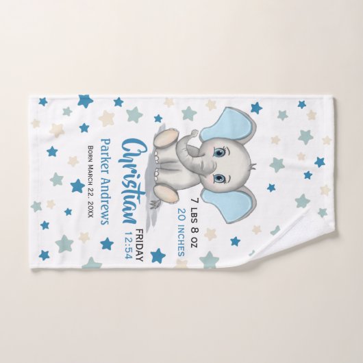 可愛いベビーゾウとブルーイヤーズ少年誕生統計 バスタオルセット (ハンドタオル)