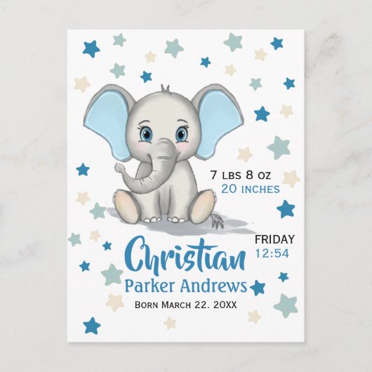 可愛いベビーゾウとブルーイヤーズ少年誕生統計 案内ポストカード (正面)