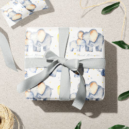 可愛いベビーゾウとモミーの水彩画 ラッピングペーパー