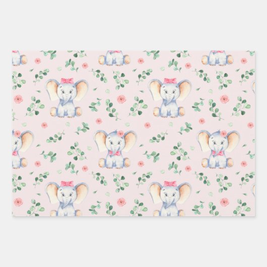 可愛いベビーゾウとモミー水彩少女 ラッピングペーパーシート (正面3)