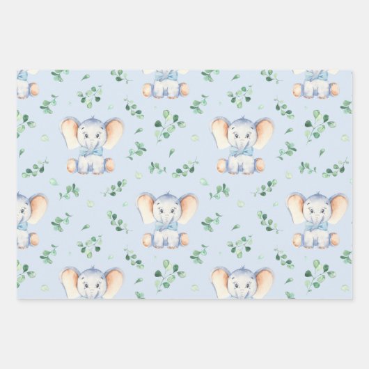 可愛いベビーゾウとモーミー水彩少年 ラッピングペーパーシート (正面3)