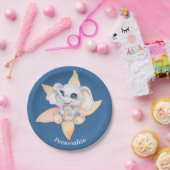 可愛いベビーゾウの花と青グレーのパーソナライズ ペーパープレート (パーティー)