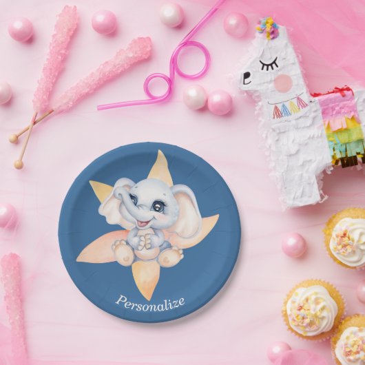 可愛いベビーゾウの花と青グレーのパーソナライズ ペーパープレート (パーティー)