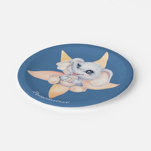 可愛いベビーゾウの花と青グレーのパーソナライズ ペーパープレート (アングル)