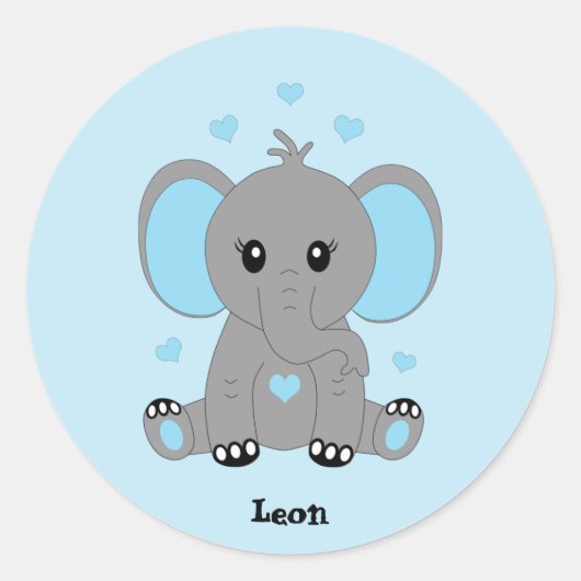 可愛いベビーゾウ青、手描き ラウンドシール (正面)
