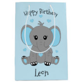 可愛いベビーゾウ青、男の子の誕生日 ミディアムペーパーバッグ (正面)